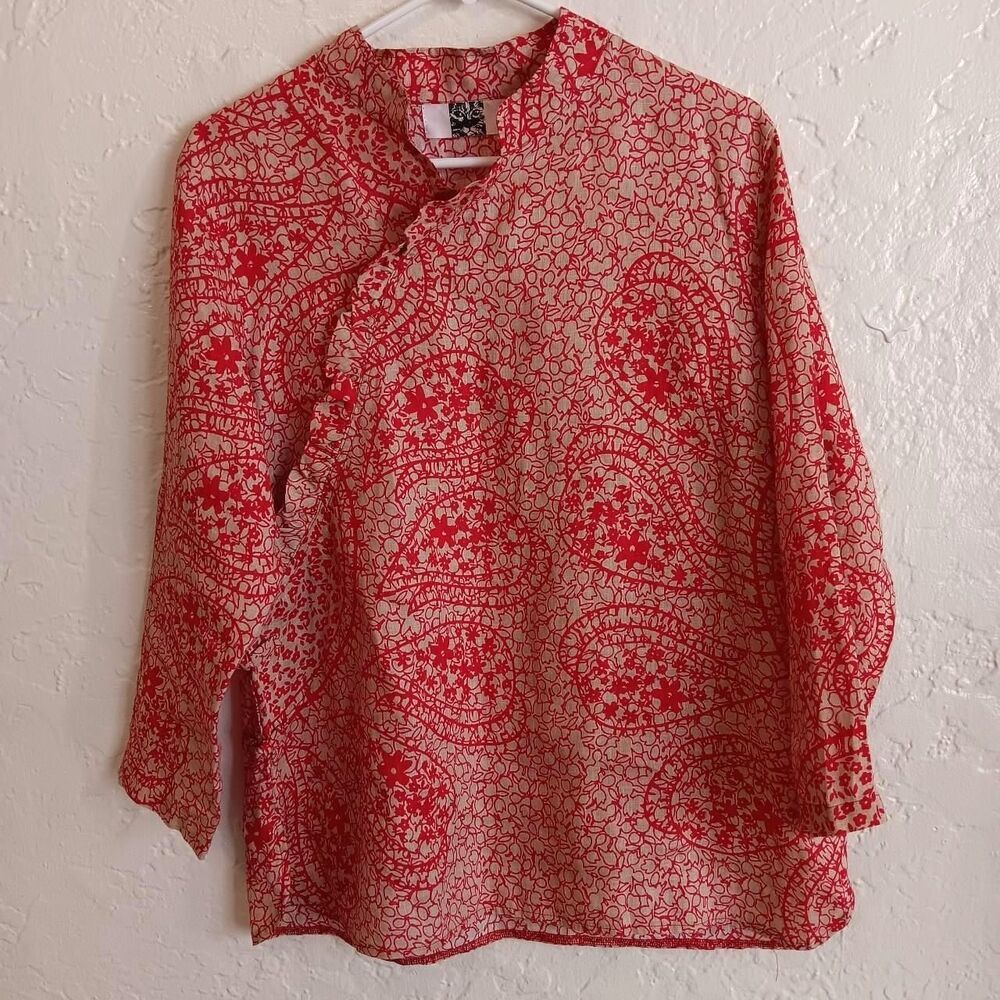 Womens blouse Sz L red white floral paisley long sleeve linen coastal boho